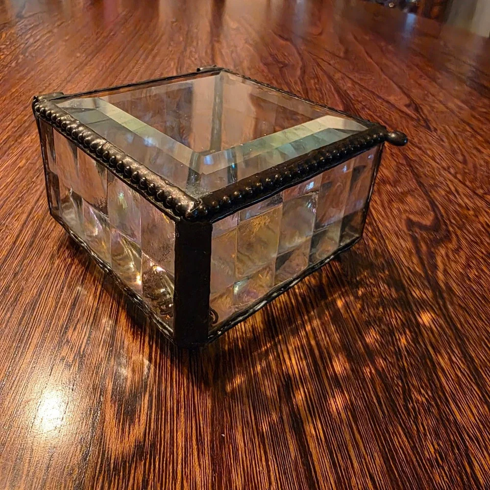 Vintage Iridescent Stained Glass Jewelry Box Beveled Clear Trinket Box Lidded